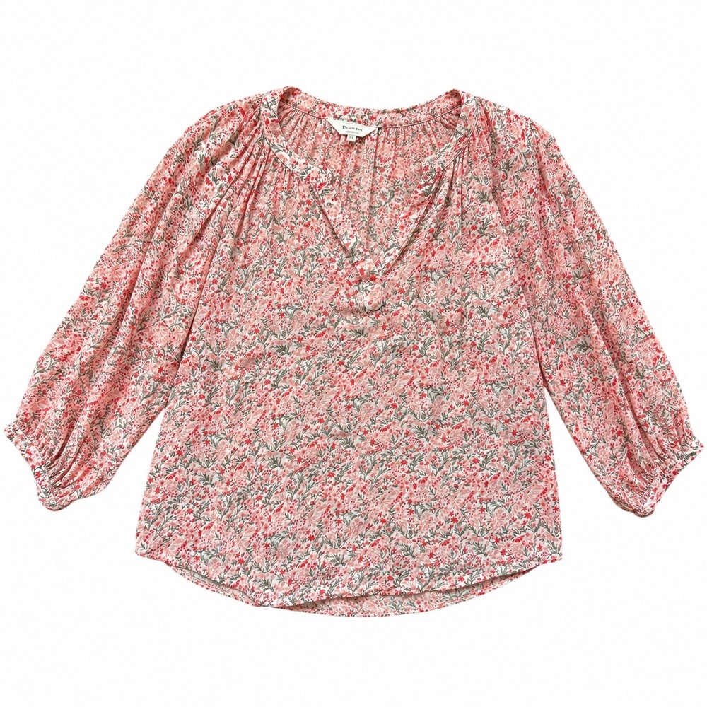 Part Two Copenhagen Women Red Pink Floral V-Neck Blouse SZ10/40 3/4 Sleeve Top